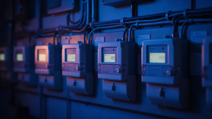 Fila de medidores de energía digitales en un cuarto eléctrico
